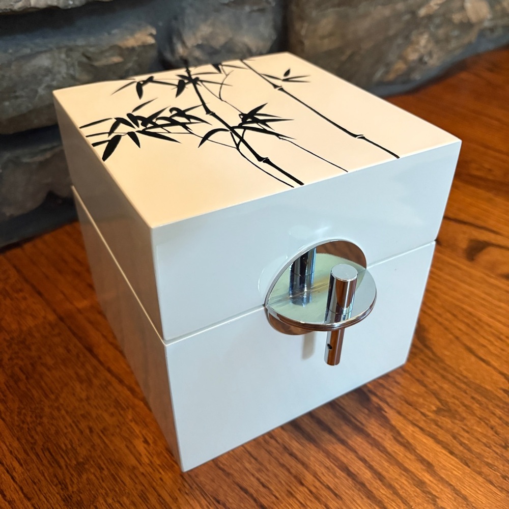 White Lacquered Cube Box w/Bamboo Print Design